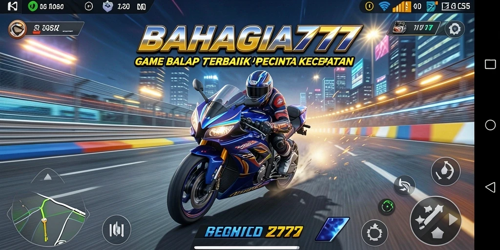 Gameplay BAHAGIA777 menampilkan aksi balap motor yang mendebarkan.