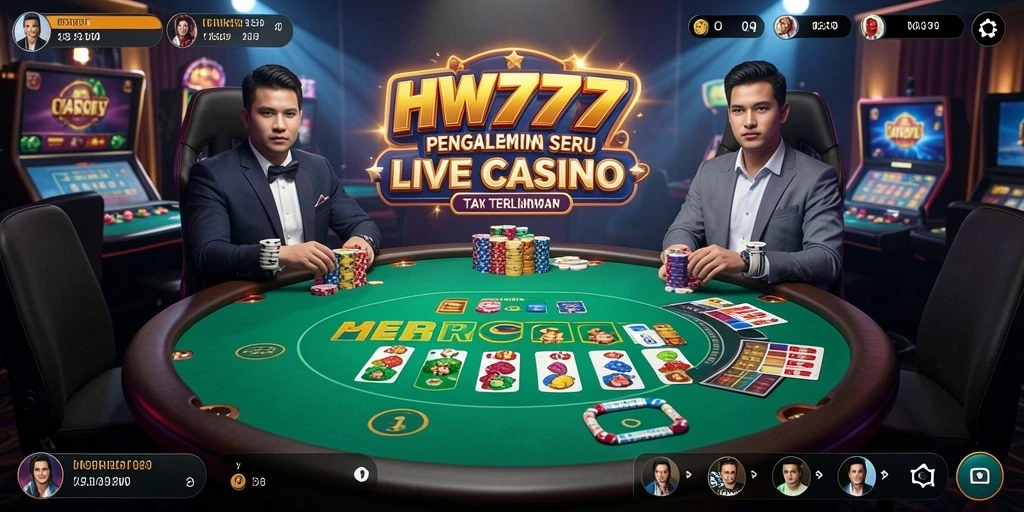 Screenshot HW777 menampilkan dealer profesional dan gameplay seru di meja Live Casino.
