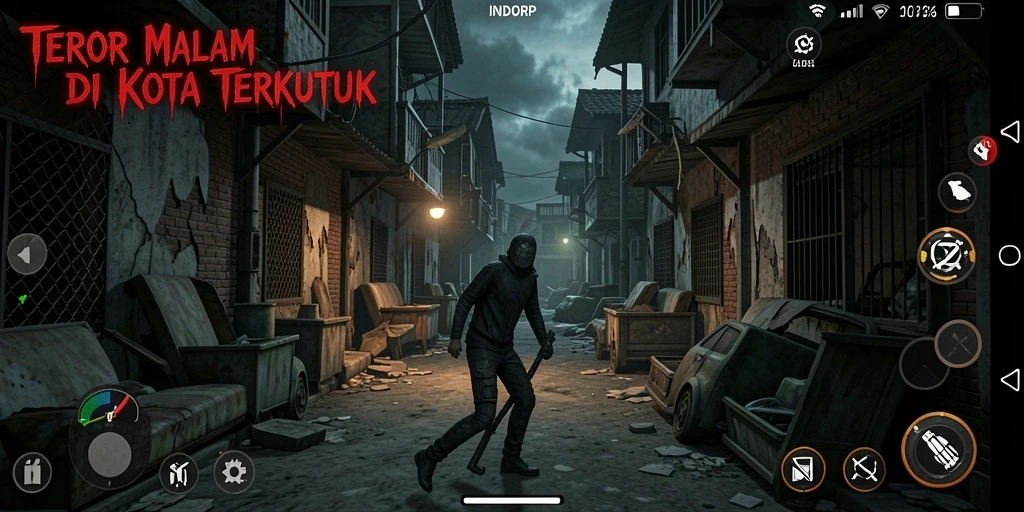 Screenshot gameplay INDORP menampilkan suasana mencekam dan makhluk mengerikan.