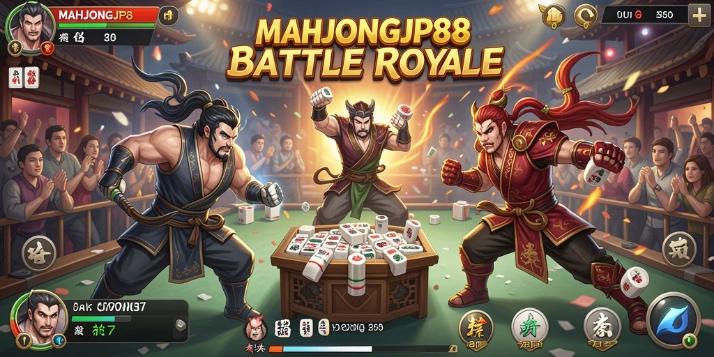 Tampilan aksi seru di gameplay MAHJONGJP88 dengan pertarungan Battle Royale.