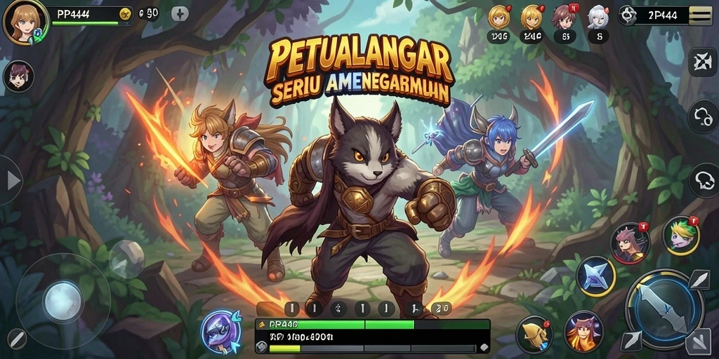 Screenshot gameplay PP444 menampilkan pertarungan seru antar karakter anime.