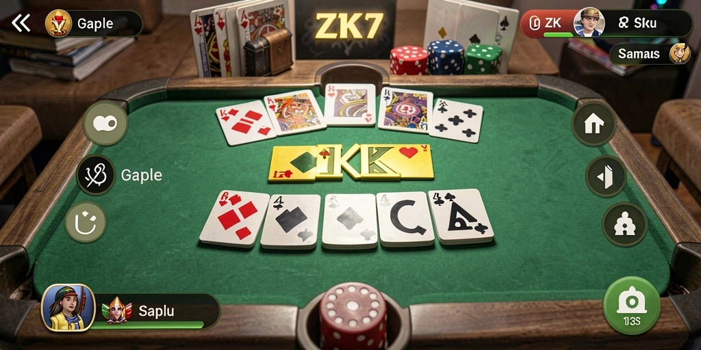 Screenshot gameplay ZK7 menampilkan permainan Gaple yang seru dan interaktif.